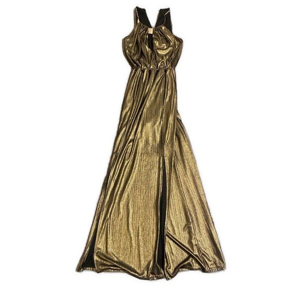 Guess Dark Gold Metallic Cleopatra Tank Maxi Dress V Neck Deep Plunge Xs - Picture 1 of 5